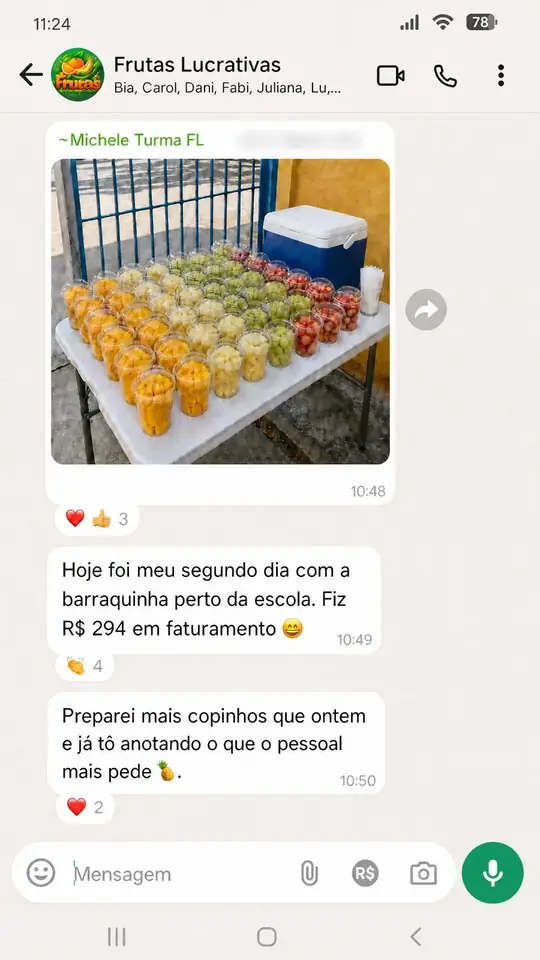 Print do grupo de alunos: Michele fez R$ 294 no segundo dia com a barraquinha perto da escola
