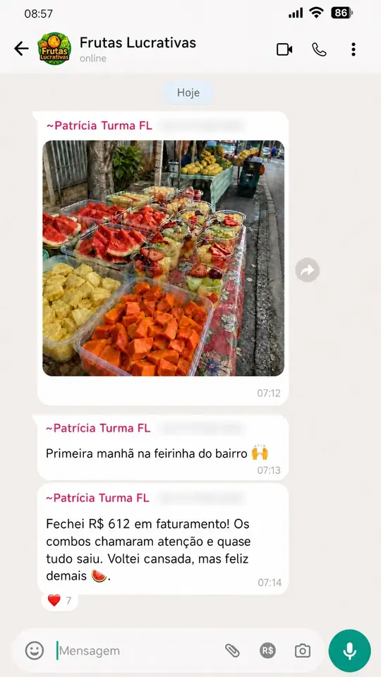 Print do grupo de alunos: Patrícia fechou R$ 612 na primeira manhã na feirinha do bairro